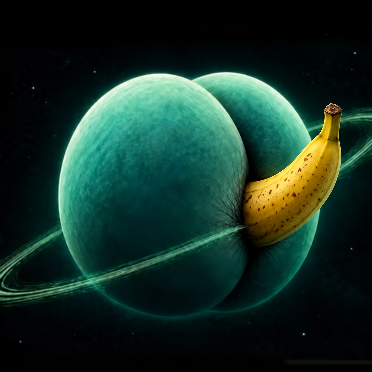 A glowing teal twin-lobed planet with a ripe banana sticking out of its central seam