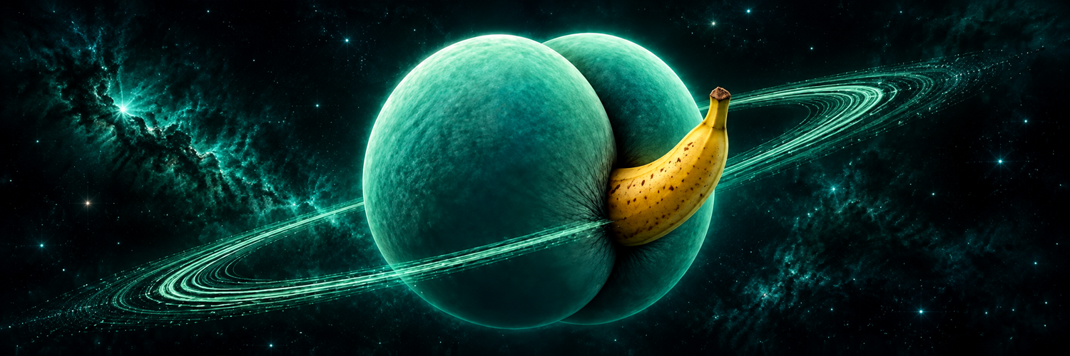 BANANUS and its glowing rings floating in a teal nebula